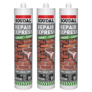 3x Soudal Repair Express Cement Mortar Crack Filler Cartridge Grey, 290ml